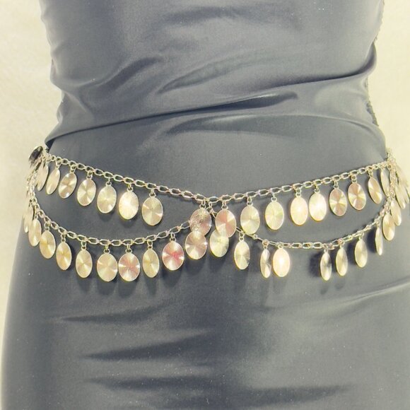 Vintage-Inspired Silver Chain Belly Dance Belt Dangling Discs Adjustable Fit - Picture 1 of 7